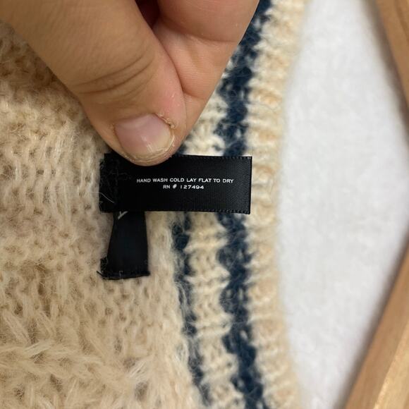 AQUA Cream Blue Vneck Varisty Wool Blend Sweater Preppy Gossip Girl College sz L - Picture 4 of 7